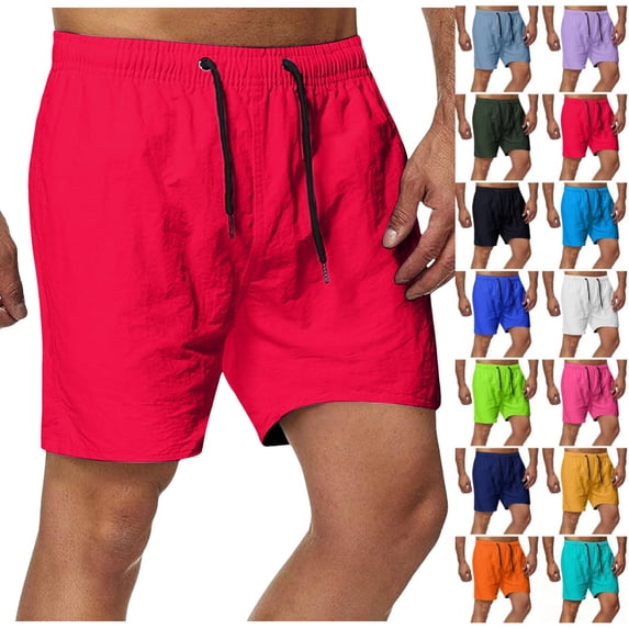 Bmisegm Mens Shorts Casual Solid Color Sports Loose Quick Drying Thin Beach Shorts for Summer Mens Athletic Shorts Red M