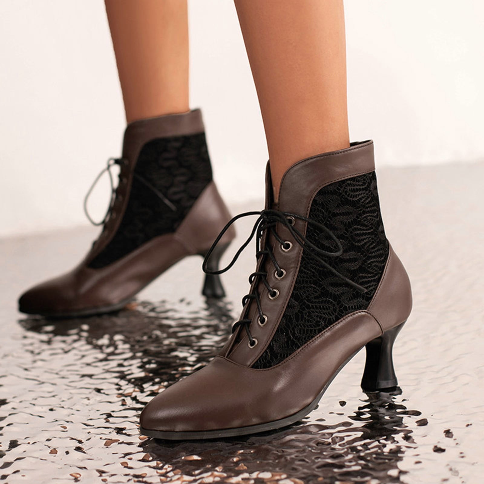 Bmisegm Open Toe Boots for Women Low Heel Women Ankle Boots Autumn and Winter Fashion and Elegant Lace Hollow Pointed Toe Comfortable Front Lace Up