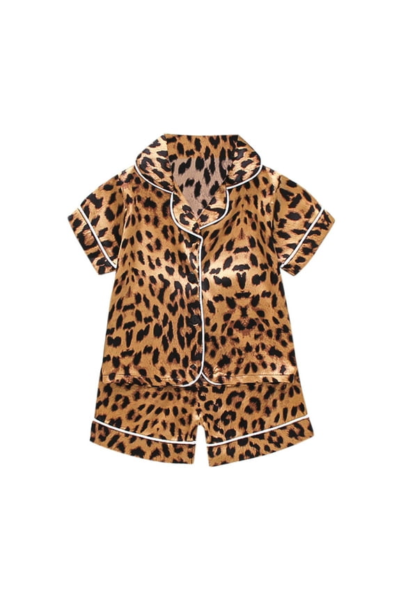 Pajama Kids Set Baby Boys Girls Leopard Print Short Sleeve Button Down Top and Shorts Two Piece Pajama Home Clothes Set Boys‘ Pajama Sets 90\M
