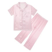 Bmisegm Pajama Kids Set Style Spring Summer Short Sleeve Long Pants Print Pajama Set for Big Kids Boys and Girls Homewear Boys  Pajama Sets Pink 11-12 Years