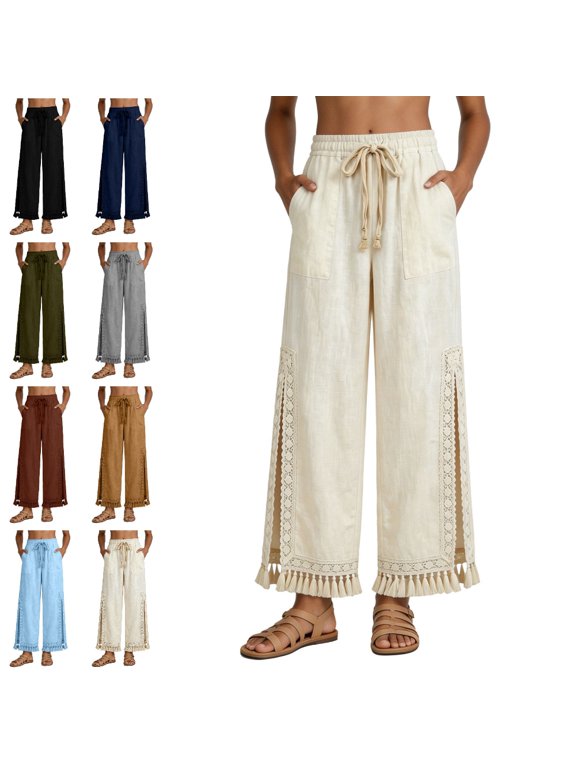 Palazzo Pants for Women Drawstring Waist Side Lace Slit Fringe Hem Large Side Pockets Relaxed Fit Womens Wide Leg Pants