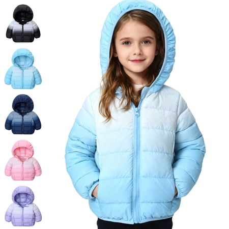 Bmisegm Puffer Jacket Boys Winter Warm Gradient Color Down Hooded Coat Cartoon Long Sleeve Zipper Windproof for Children Toddler Winter Coat