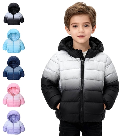 Bmisegm Puffer Jacket Boys Winter Warm Gradient Color Down Hooded Coat Cartoon Long Sleeve Zipper Windproof for Children Toddler Winter Coat