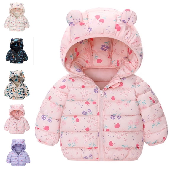 Bmisegm Puffer Jacket Girls Down Winter Coat Soft Hooded Ears Design Floral Zipper Long Sleeve Warm Thickened Outerwear Baby Coat