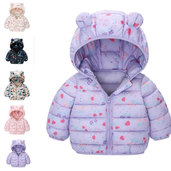 Bmisegm Puffer Jacket Girls Down Winter Coat Soft Hooded Ears Design Floral Zipper Long Sleeve Warm Thickened Outerwear Baby Coat
