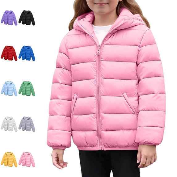 Bmisegm Puffer Jacket Girls Winter Down Hooded Solid Color Casual Coat Zipper Long Sleeve Warm Outerwear for Youth Girls Winter Coat