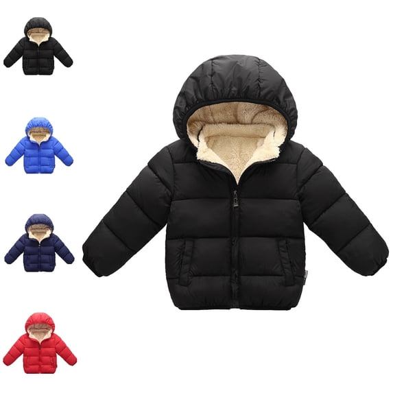 Bmisegm Puffer Jacket Kids Toddler Baby Boys Girls Solid Winter Hooded Coat Zipper Lined Thick Warm Outerwear Toddler Winter Coat
