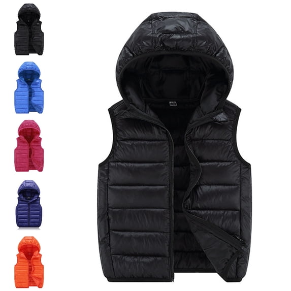 Bmisegm Puffer Vest Kids Boys Girls Zip-Up Hooded Sleeveless Quilted Padded Solid Vest Outerwear Winter Coats for Girls