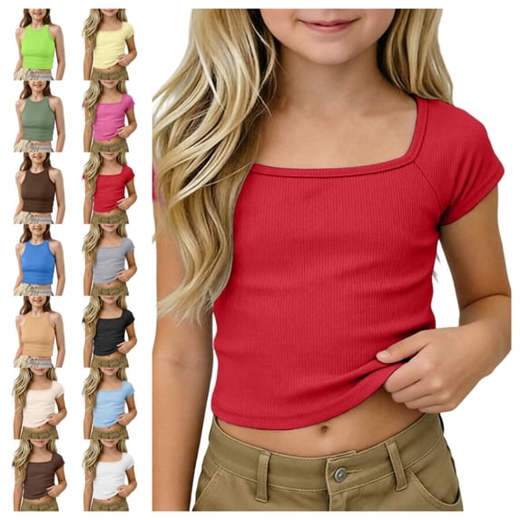 Bmisegm Short Sleeve Blouse Girls Ribbed Knit Cropped Square Neck Raglan Basic Blouse for Kids 5-14Y Casual Tops 02_Red,11-12 Years
