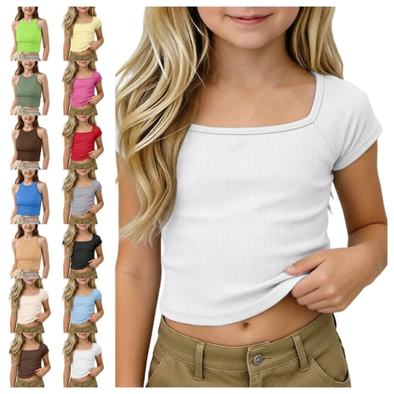 Bmisegm Short Sleeve Blouse Girls Ribbed Knit Cropped Square Neck Raglan Basic Blouse for Kids 5-14Y Casual Tops 02_White,9-10 Years
