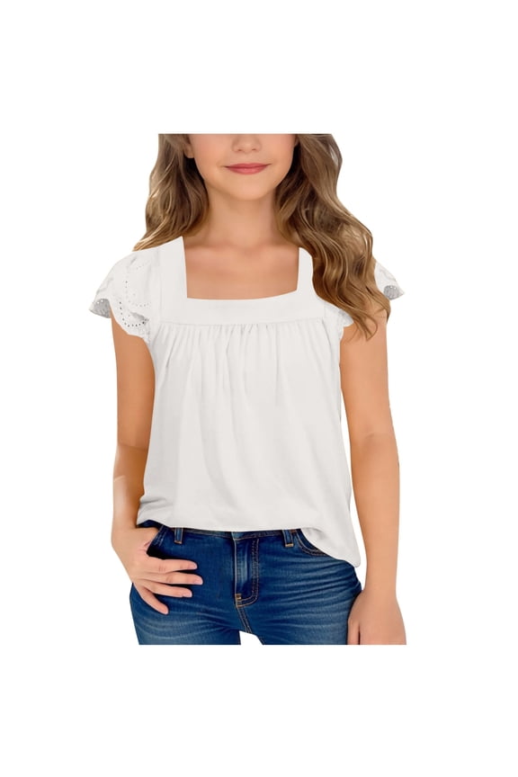 Short Sleeve Blouse Girls Summer Casual Short Sleeve Top with Hollow Out Lace and Flutter Sleeve Design Comfortable Round Neck Tee for Big Kids Girls Tops 6-14Y White,5-6 Years