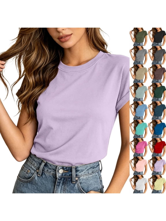 Short Sleeve Tops for Women Stretchy Crew Neck T Shirt Summer Basic Solid Tee Multicolor T Shirts for Women Light Purple XS