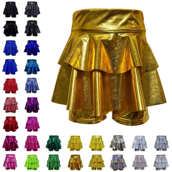 Bmisegm Skorts for Girls High Waist Shiny Tiered Cake Skort with Built in Shorts for Carnival Dance Party Performance Girls Skirt 11-12 Years