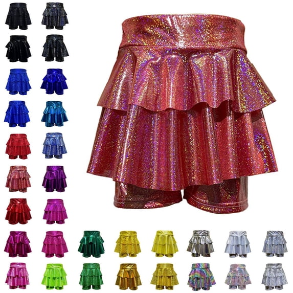 Bmisegm Skorts for Girls High Waist Shiny Tiered Cake Skort with Built in Shorts for Carnival Dance Party Performance Girls Skirt 6-7 Years
