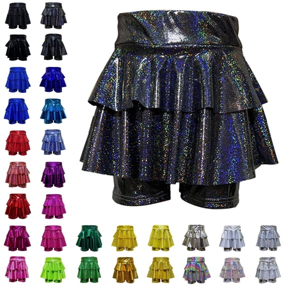 Bmisegm Skorts for Girls High Waist Shiny Tiered Cake Skort with Built in Shorts for Carnival Dance Party Performance Girls Skirt 6-7 Years