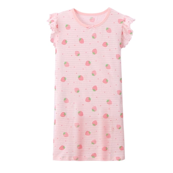Bmisegm Sleepwear for Kids Summer Lightweight Strawberry Print Short Sleeve Nightgown for Girls Air Conditioning Sleep Dress Pajamas for Girls Pink 9-10 Years