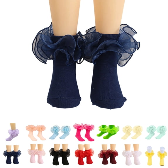 Bmisegm Socks for Girls Lace Slim Pure Color Combed Edge Knee High Socks for Student Dance Daily Wear Kids Socks 6-18Y 02_Navy,4-6 Years