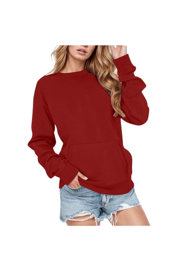 Soft Pullover Hoodless Sweatshirt Cozy Winter Workout Top with Pocket Sweatshirts for Women Comfortable Casual Crewneck Brick Red S