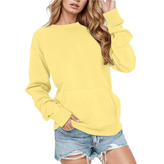 Bmisegm Soft Pullover Hoodless Sweatshirt Cozy Winter Workout Top with Pocket Sweatshirts for Women Comfortable Casual Crewneck Light Yellow XL