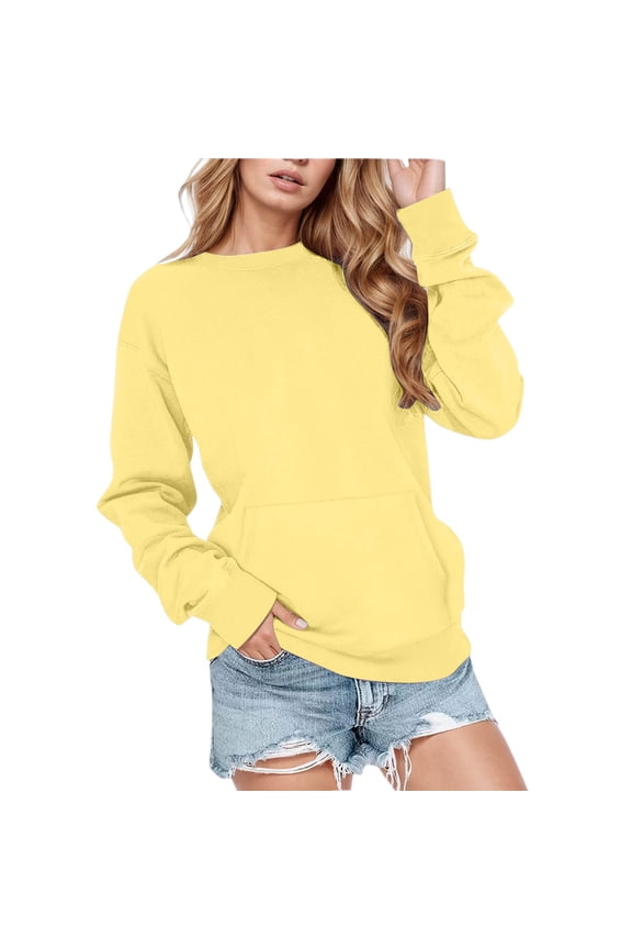 Soft Pullover Hoodless Sweatshirt Cozy Winter Workout Top with Pocket Sweatshirts for Women Comfortable Casual Crewneck Light Yellow XXL