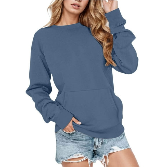 Bmisegm Soft Pullover Hoodless Sweatshirt Cozy Winter Workout Top with Pocket Sweatshirts for Women Comfortable Casual Crewneck Navy M