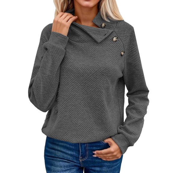 Bmisegm Solid Button High Neck Long Sleeve Casual Hoodless Sweatshirt Sweatshirts for Women for Fashion Top GY2 XXXXL