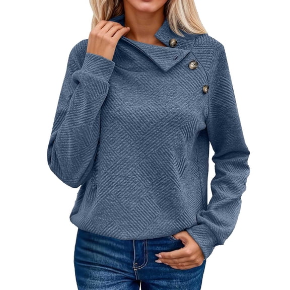 Bmisegm Solid Button High Neck Long Sleeve Casual Hoodless Sweatshirt Sweatshirts for Women for Fashion Top Navy L