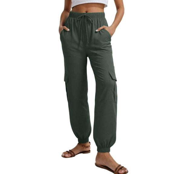 Bmisegm Stylish Women's Casual Pants High-Waisted Stretch Cargo Trousers for Leisure and Everyday Wear with Adjustable Ties and Decorative Pockets Dark Green M