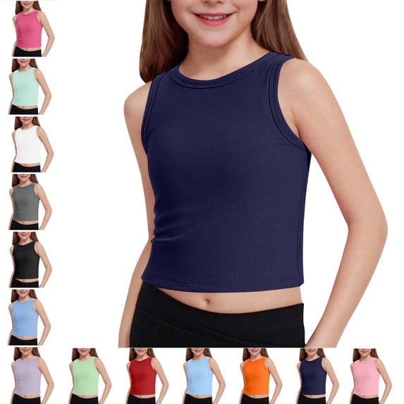 Bmisegm Summer Blouse Girls Ribbed Knit Sleeveless Yoga Tank Cropped Athletic for Sports Fitness 4-12Y Workout Tops Navy,5-6 Years