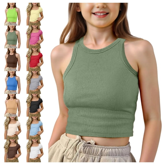 Bmisegm Summer Blouse Ribbed Sleeveless Crop Vest for Girls Soft Casual Comfortable Kids Basic Girls Tops 01_Green,8-11 Years
