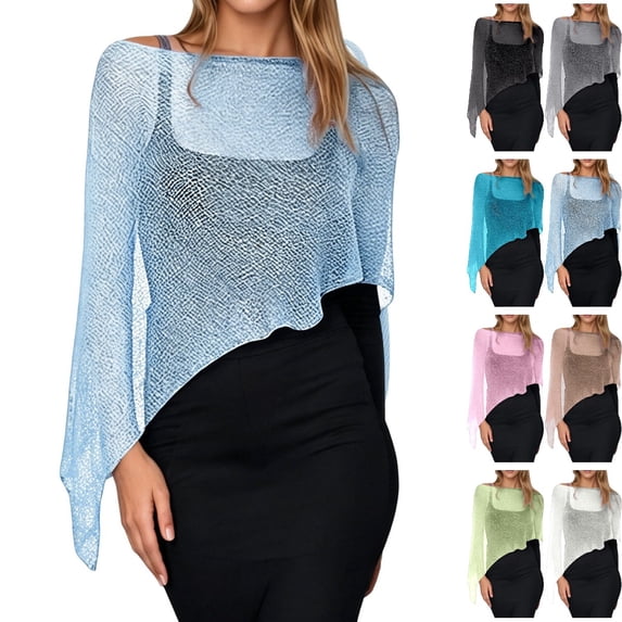 Bmisegm Summer Shawls for Women Lightweight Fashion Irregular Cape Shawl Solid Color Breathable Sunscreen Cover Up Thin Knit Tops Light Blue