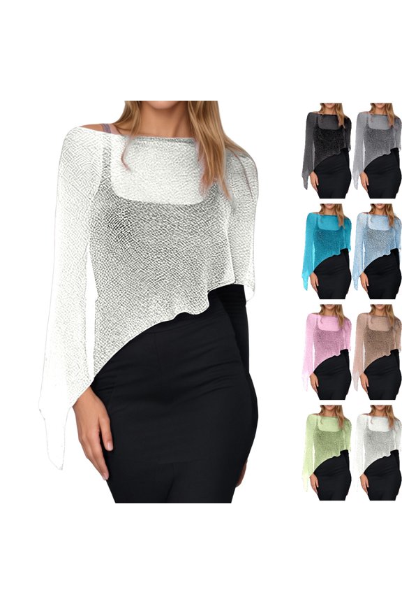 Summer Shawls for Women Lightweight Fashion Irregular Cape Shawl Solid Color Breathable Sunscreen Cover Up Thin Knit Tops White