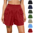 thumbnail image 1 of Bmisegm Summer Shorts for Women Plus Size Solid Color Summer Loose Fit Pleated Elastic Waistb Beach Wide Leg Shorts with Pockets Red XL, 1 of 6