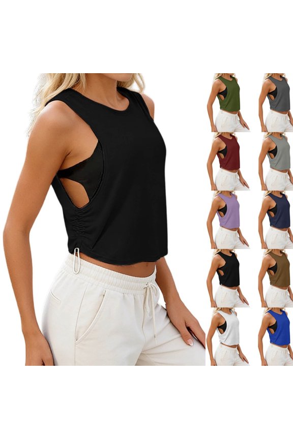Tank Tops for Women Crew Neck Ruched Side Tanks Workout Sport Athletic Yoga Running Gym Loose Crop Sleeveless Shirts Black S