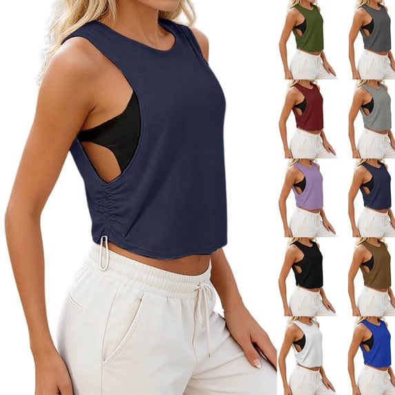 Bmisegm Tank Tops for Women Crew Neck Ruched Side Tanks Workout Sport Athletic Yoga Running Gym Loose Crop Sleeveless Shirts Dark Blue S