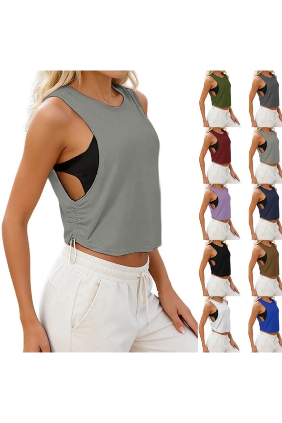 Tank Tops for Women Crew Neck Ruched Side Tanks Workout Sport Athletic Yoga Running Gym Loose Crop Sleeveless Shirts Grey S