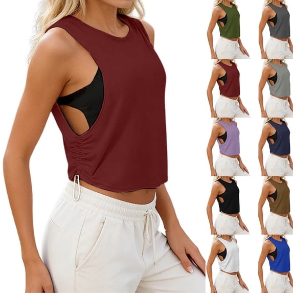 Bmisegm Tank Tops for Women Crew Neck Ruched Side Tanks Workout Sport Athletic Yoga Running Gym Loose Crop Sleeveless Shirts Red S