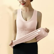 Bmisegm Thermal Underwear Womens Ultra Soft Suit Winter Seamless Heat Velvet Thermal Vest Slim Base Layer Lace Sling Cold Protection Winter Clothes for Women Beige XXXL