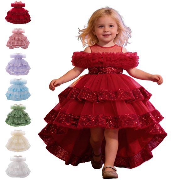 Bmisegm Toddler Dress Carnival off Shoulder Embellished Neckline Layered Ruffled Cake High Low Tutu Dress Kids Dress 2-3 Years