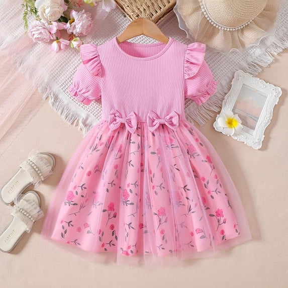 Bmisegm Toddler Girl Dress Floral Print Mesh Tutu Casual Party Wear Comfortable Breathable Toddlers Kids Girls Summer Dresses