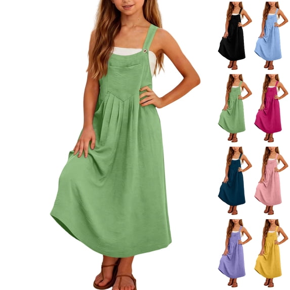 Bmisegm Toddler Girl Dresses Summer Casual Solid Color Sleeveless with Pockets Adjustable Straps Loose Overall Dress