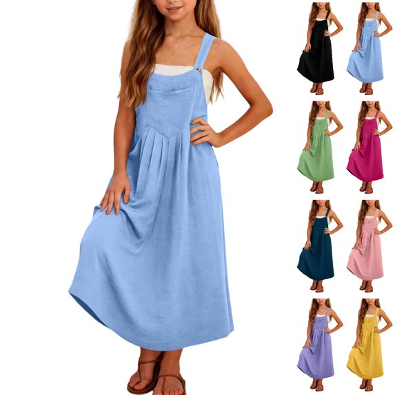 Bmisegm Toddler Girl Dresses Summer Casual Solid Color Sleeveless with Pockets Adjustable Straps Loose Overall Dress