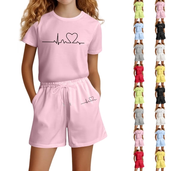 Bmisegm Toddler Girl Outfits Fashion Letter Print Casual Loose Short Sleeve Suit for 4-14 Ages 2 Piece Short Set Pink,6 Years
