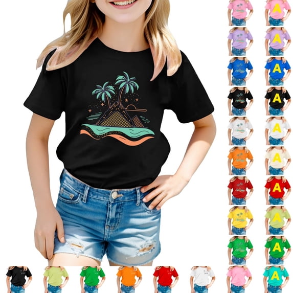Bmisegm Toddler T Shirts Boys Girls Island Print Casual T Shirt Fashion Kids Comfort Fit Top for Beach Daily Wear Ages 3-12Y Beach Tops 05_Black,18-24 Months