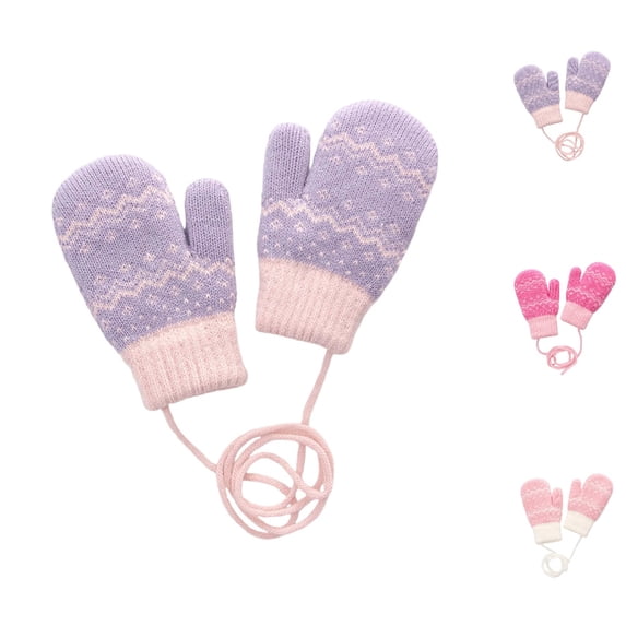 Bmisegm Toddler Winter Gloves Knitted Thermal Lined Thick Cartoon Print Neck Lanyard Mittens Purple_002