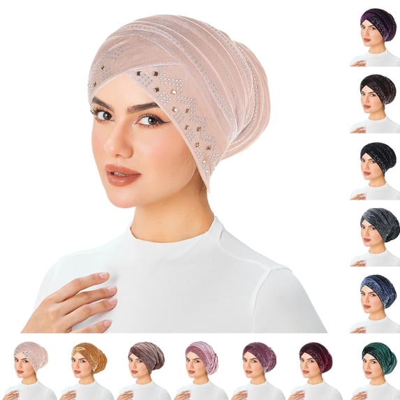Bmisegm Velvet Rhinestone Hijab Turban Hats for Women Bandana Headwrap Cap Headwear Headscarf Undercap Turban Hat Beige_004