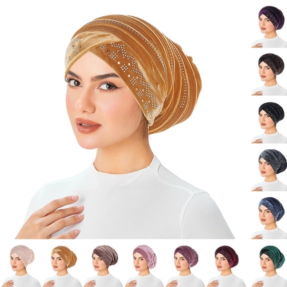 Bmisegm Velvet Rhinestone Hijab Turban Hats for Women Bandana Headwrap Cap Headwear Headscarf Undercap Turban Hat Gold_004