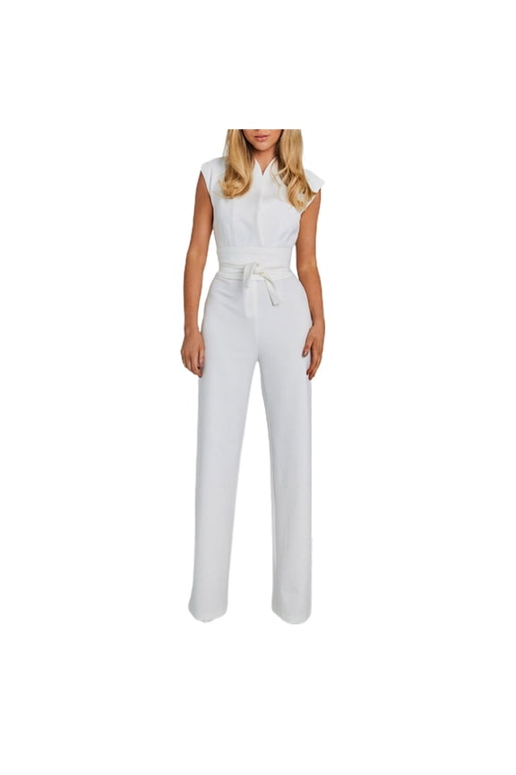 Versatile Solid Color Fashionable and Women's Sleeveless Slim Wide Leg Jumpsuit Womens Jumpsuit White XXL