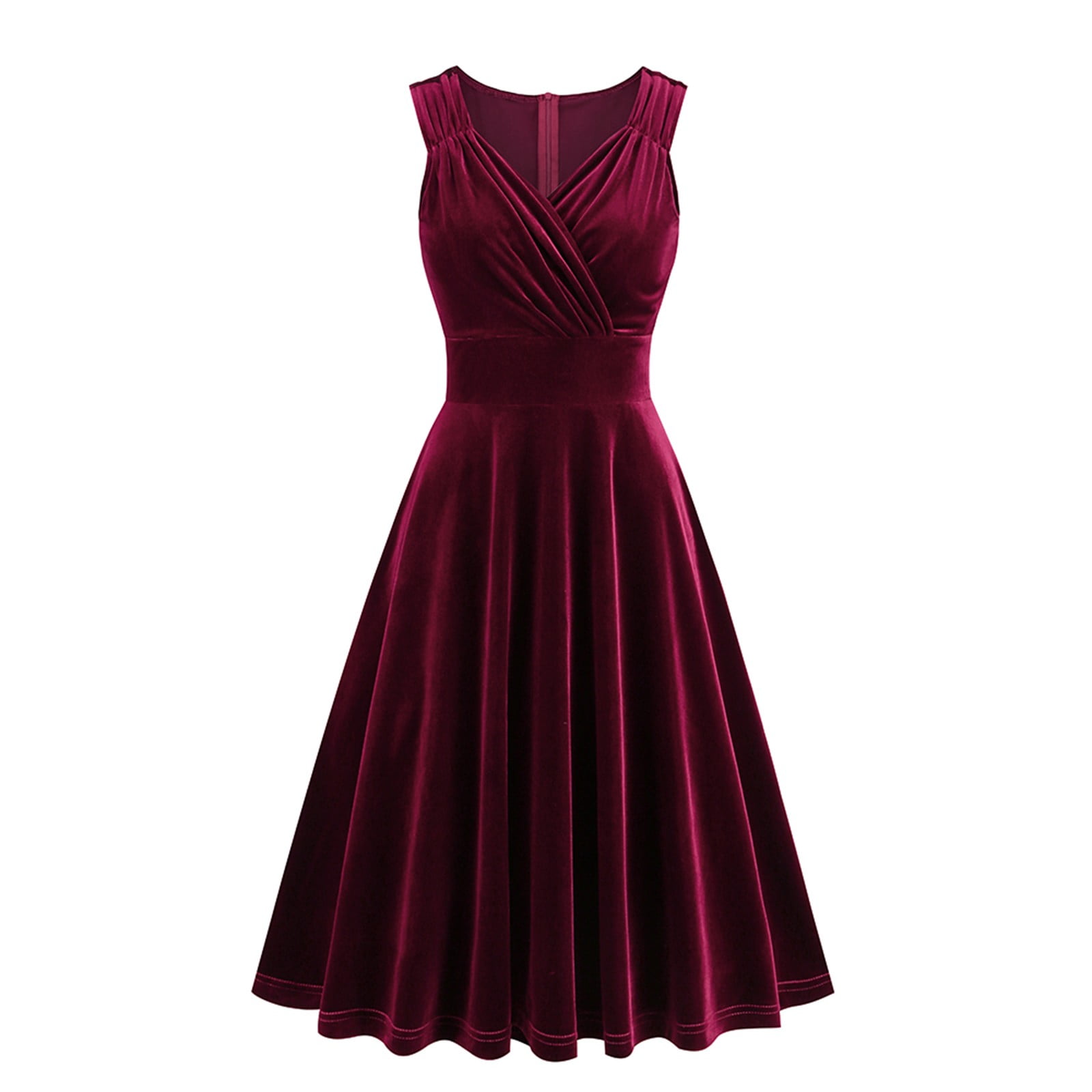 Bmisegm Vintage Dress Velvet Pleated V Neck Sleeveless Waist Wrap Dress