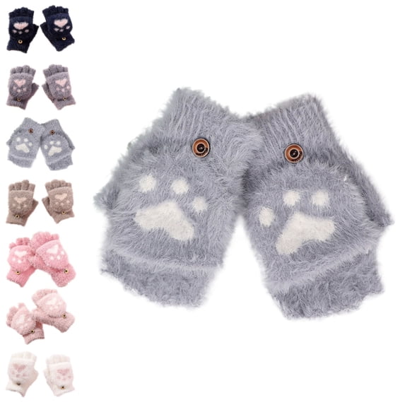Bmisegm Warm Gloves Convertible Flip Design Cat Cartoon Button Closure for Kids Boys Girls Thermal Gloves Grey 7-18 Years